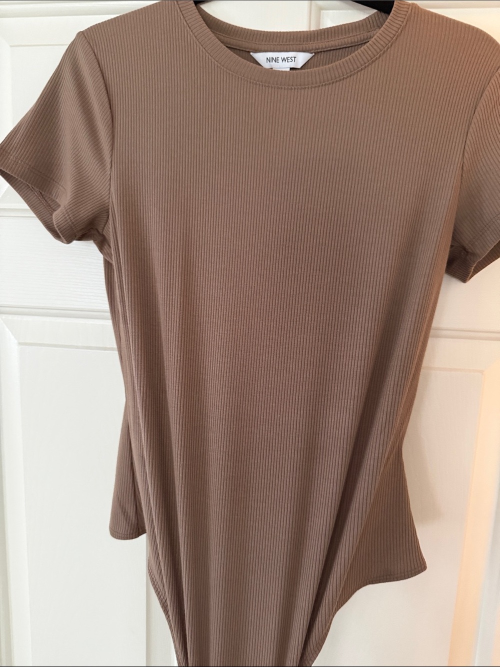 Nine West Taupe Ribbed Short-Sleeve Bodysuit